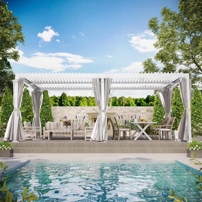 GAZEBETER 10' x 20' Louvered Pergola, Outdoor Aluminium Pergola with Adjustable Roof, Curtains and Netting, Hardtop Gazebo for Patio, Deck, Garden, Yard, Beach, White