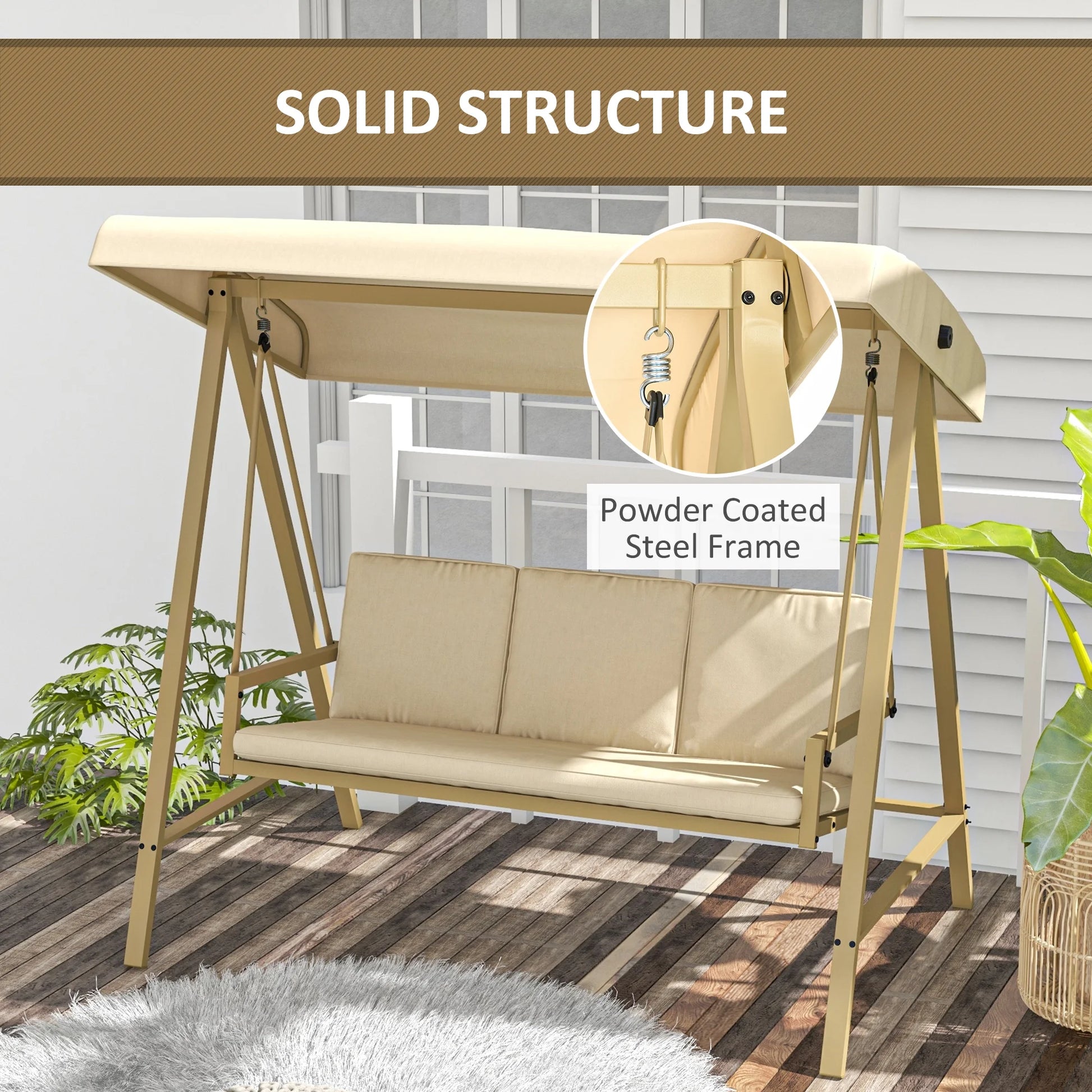 Outsunny 3-Seat Outdoor Porch Swing, Patio Swing Chair with Adjustable Canopy, Removable Cushions for Garden, Backyard, and Poolside, Beige
