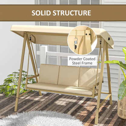 Outsunny 3-Seat Outdoor Porch Swing, Patio Swing Chair with Adjustable Canopy, Removable Cushions for Garden, Backyard, and Poolside, Beige