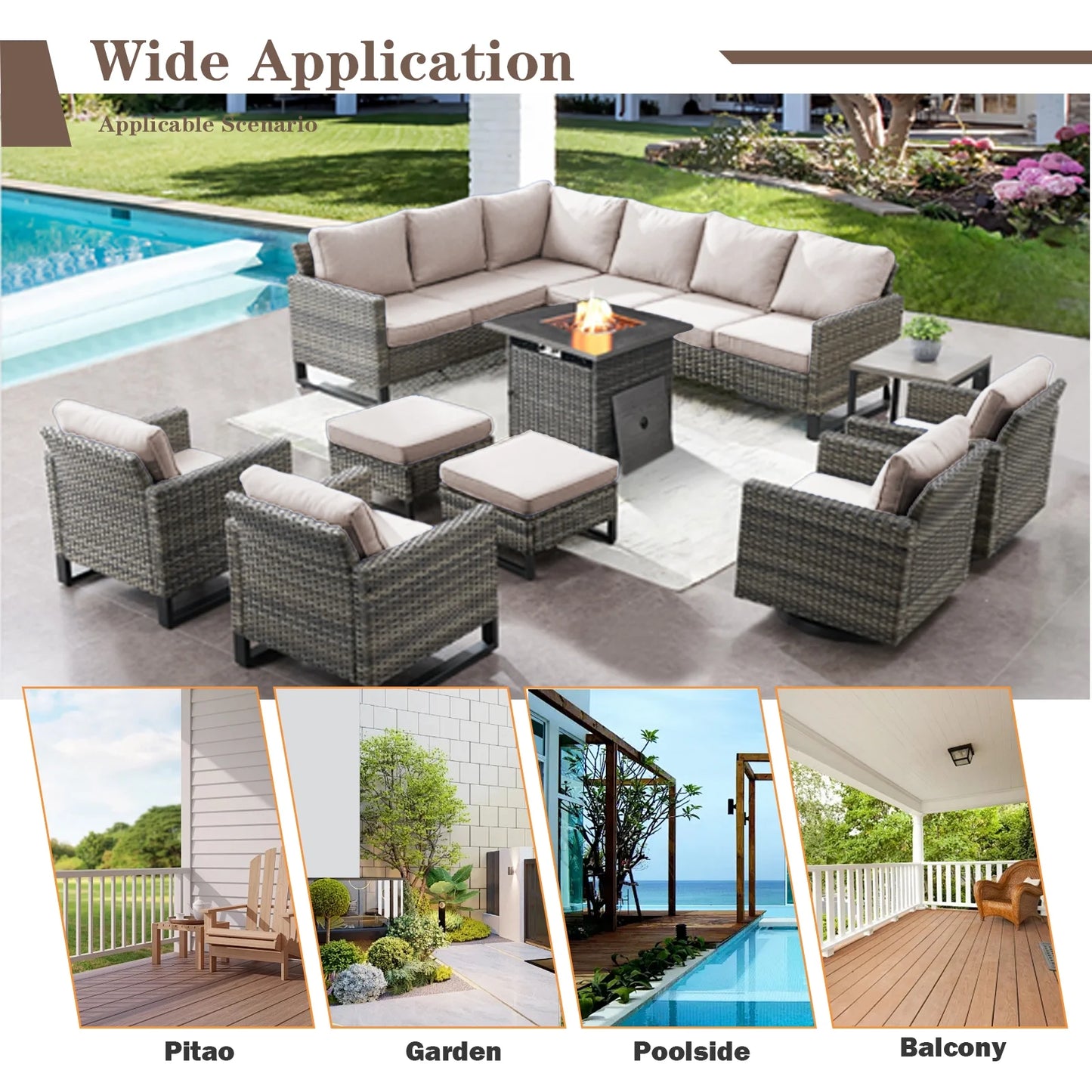 Gymojoy 5 Pieces Outdoor Swivel Rocker Chairs Patio Furniture Set with Gas Fire Pit Table, Wicker Patio Conversation Fire Pit Table Set for Garden, Deck, Porch, Backyard,Beige