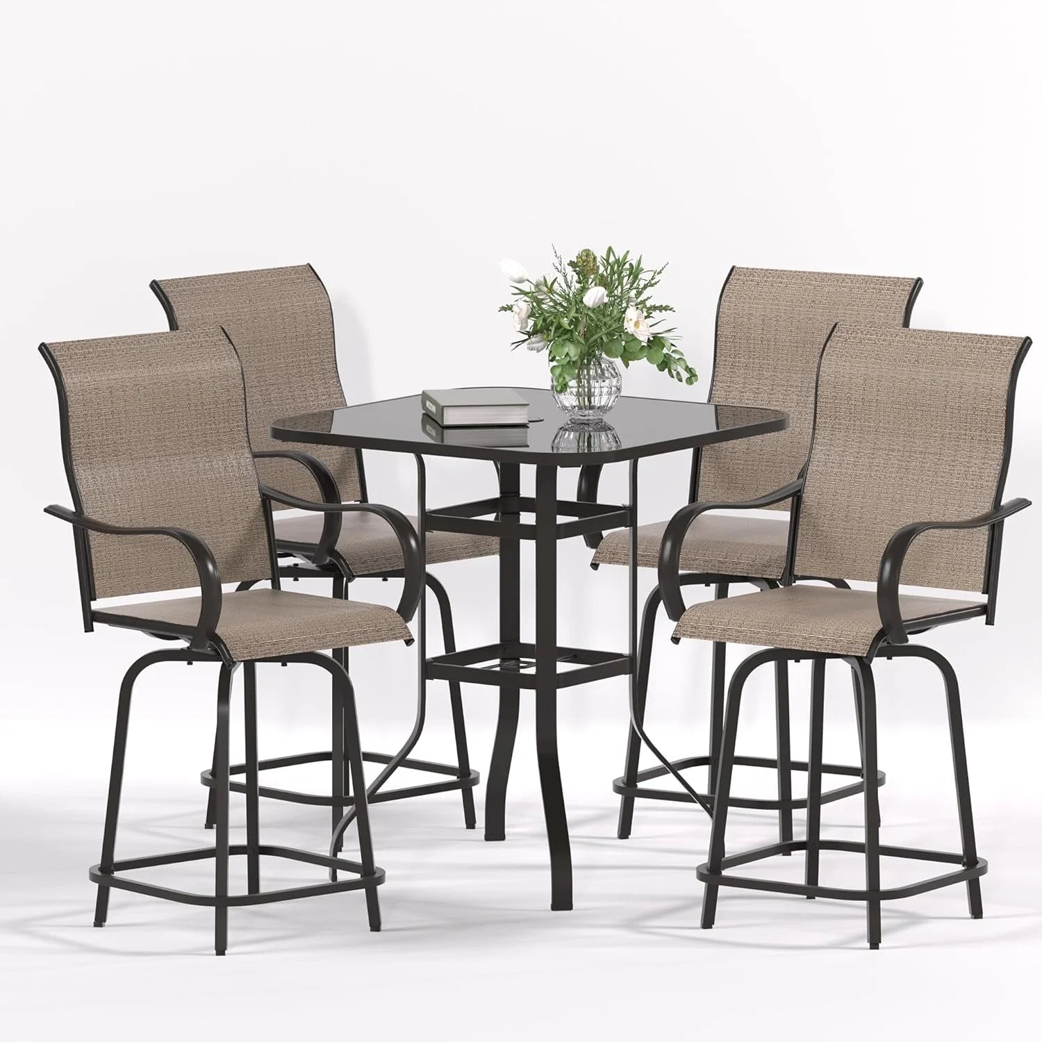 Poteban Patio Bar Height Table with Umbrella Hole, 2-Tier High Top Outdoor Bistro Table, Square Tempered Glass Metal Table for Patio, Lawn, Bar