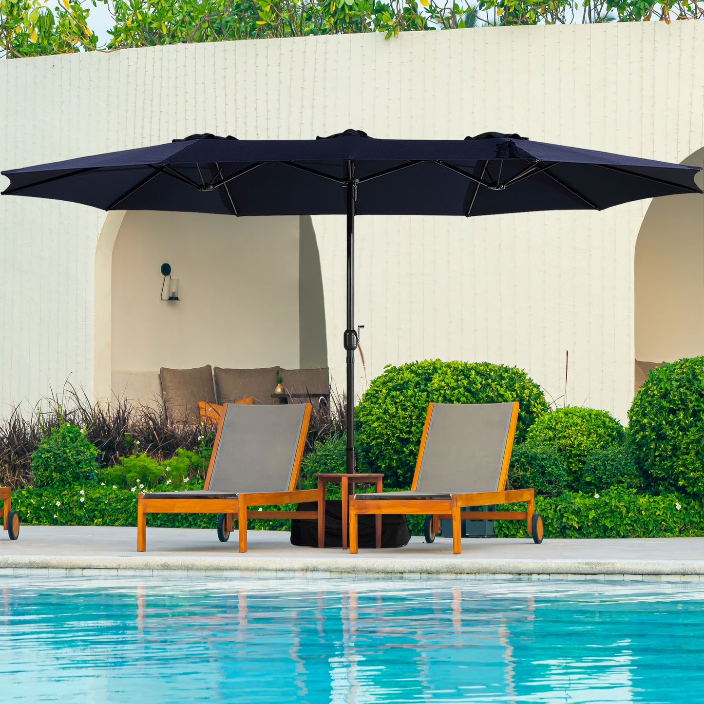 Mondawe 15ft Patio Umbrella Rectangular Outdoor Market Umbrella with Base and LED Lights Beige
