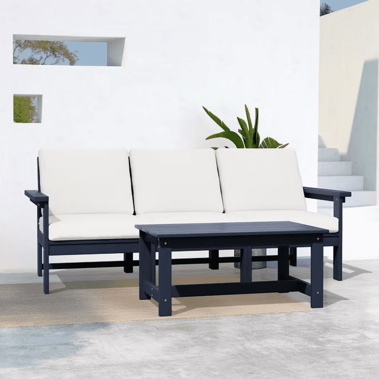 JUSTLET HDPE Patio Sofa Set, All Weather Outdoor Patio Furniture Set, 3-Seater Couch,2 Armchair,1 Side Table,1 Coffee Table, Navy Frame with Khaki Cushion