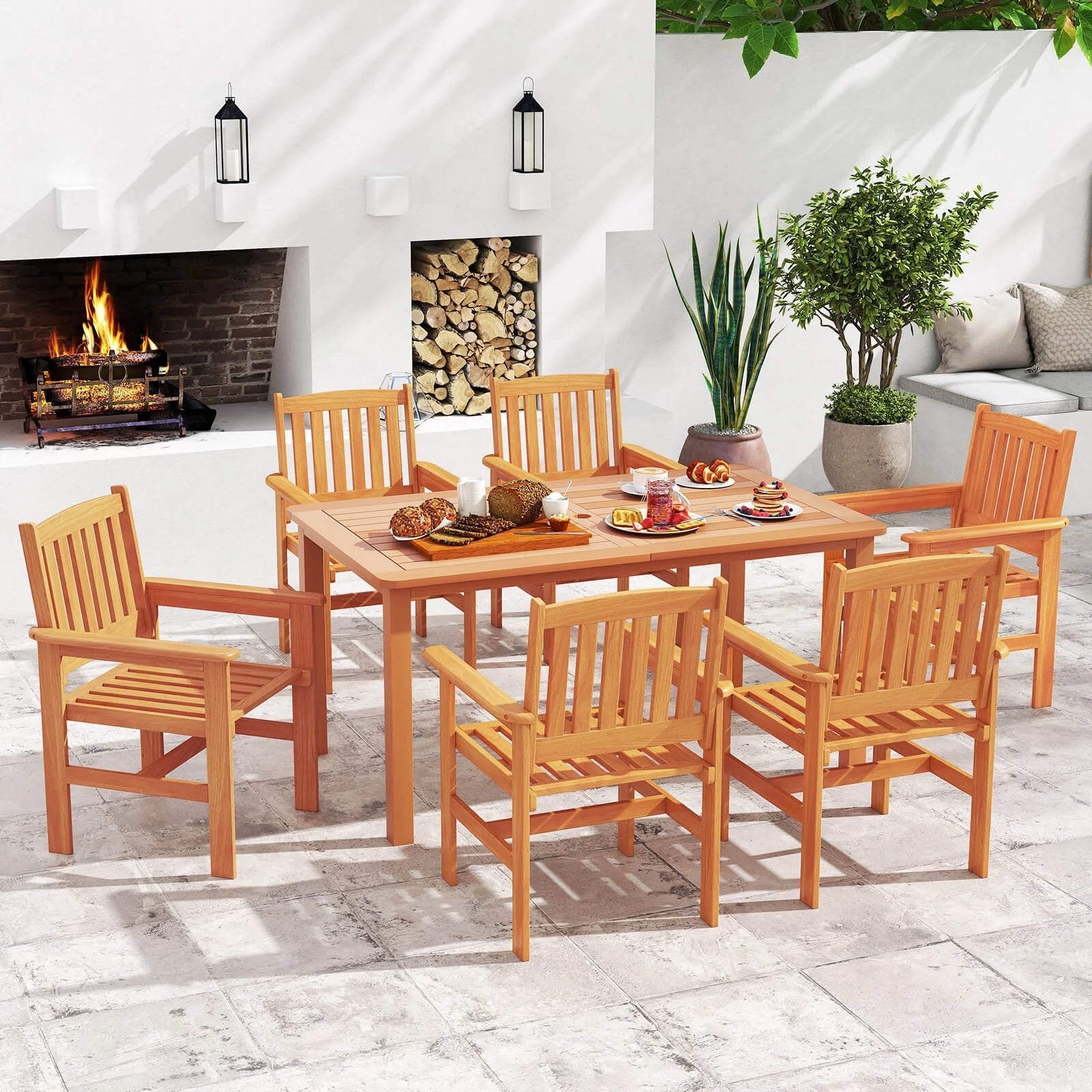 Costway 7 PCS Patio Wood Dining Table Set with 2? Umbrella Hole Outside Furniture Set