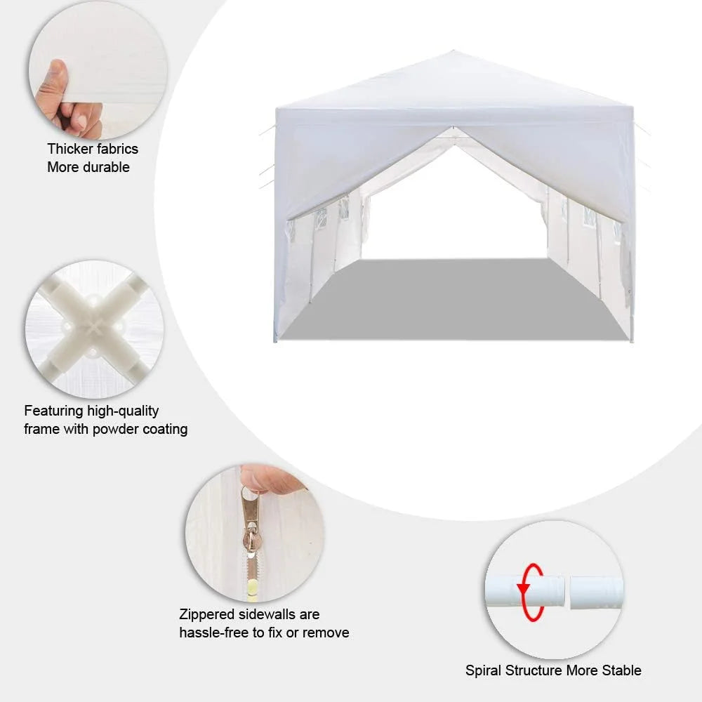 10'x30' Outdoor Patio Wedding Party Tent Heavy Duty Canopy Tent Gazebo, Waterproof UV Protection Tent with Spiral Tubes White(8 Removable Sidewalls 2 Doors)