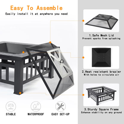 Wood Burning Fire Pits for Outside, 32" Square Iron Fire Pit Backyard Patio Garden Stove Wood Burning Fire Pit w/Mesh Screen Lid, Wood Grate, Poker, Durable Fire Pit, Q5946