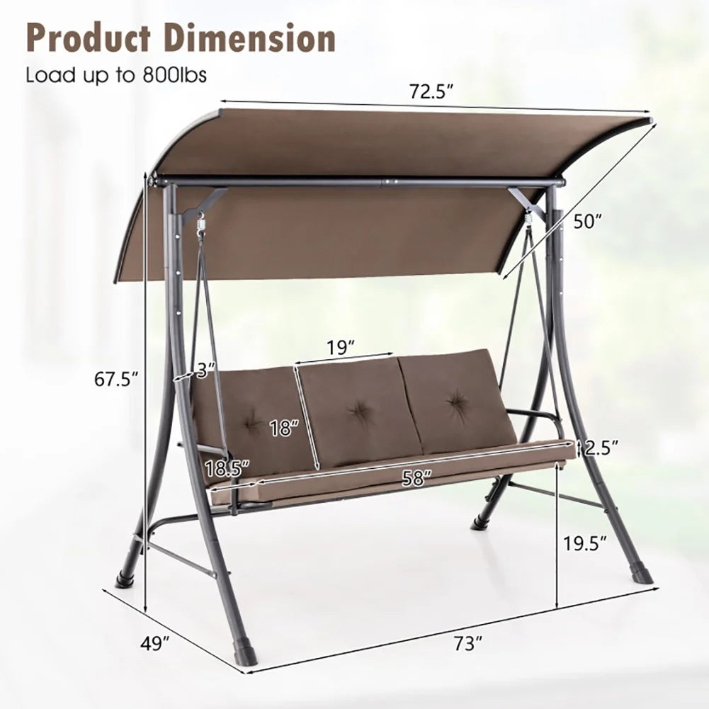 Yardi Yard 3-Seat Outdoor Porch Swing with Adjustable Canopy and Padded Cushions-Brown for Front Porch, Poolside, Patio, Backyard