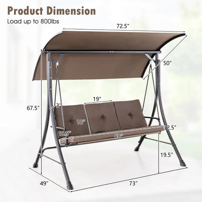 Yardi Yard 3-Seat Outdoor Porch Swing with Adjustable Canopy and Padded Cushions-Brown for Front Porch, Poolside, Patio, Backyard