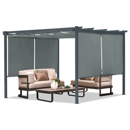 Aoodor 12 x 10 ft Outdoor Pergola with Retractable Shade Canopy, Dark Gray Matte Aluminum Frame, 4 Pieces Roller Shade Curtain, Grape Trellis Pergola for Patio Backyard -Dark Brown
