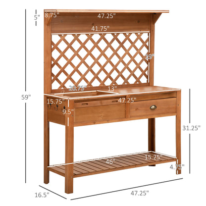 Outsunny Garden Potting Bench, Outdoor Wooden Workstation Table w/Metal Screen, Drawer, Hooks, Storage Shelf, and Lattice Back for Patio and Porch