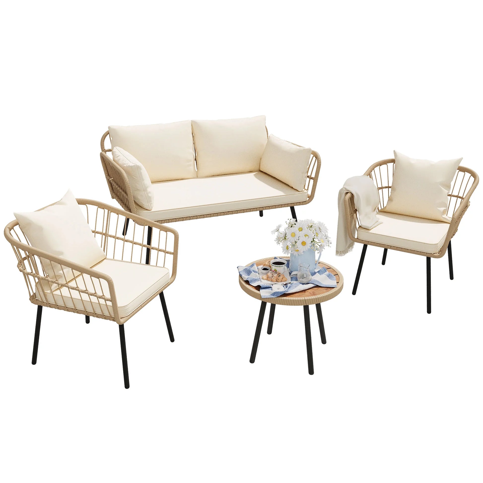 Dextrus 4-Piece Patio Furniture Wicker Outdoor Bistro Set, All-Weather Rattan Conversation Loveseat Chairs for Backyard, Balcony and Deck with Soft Cushions and Coffee Table - Gray