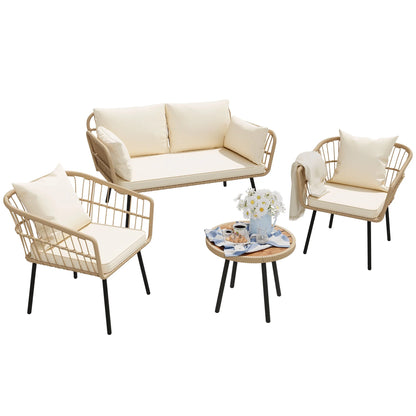 Dextrus 4-Piece Patio Furniture Wicker Outdoor Bistro Set, All-Weather Rattan Conversation Loveseat Chairs for Backyard, Balcony and Deck with Soft Cushions and Coffee Table - Gray