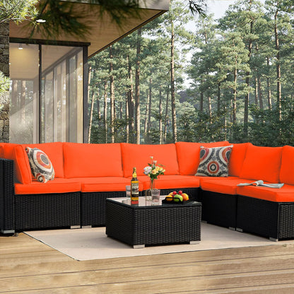 Olmia 7 Piece Patio Furniture sets PE Rattan Wicker Sectional Sofa Set, with Tea Table and Washable Couch Cushions, for Garden Poolside& Patio, Black+Orange