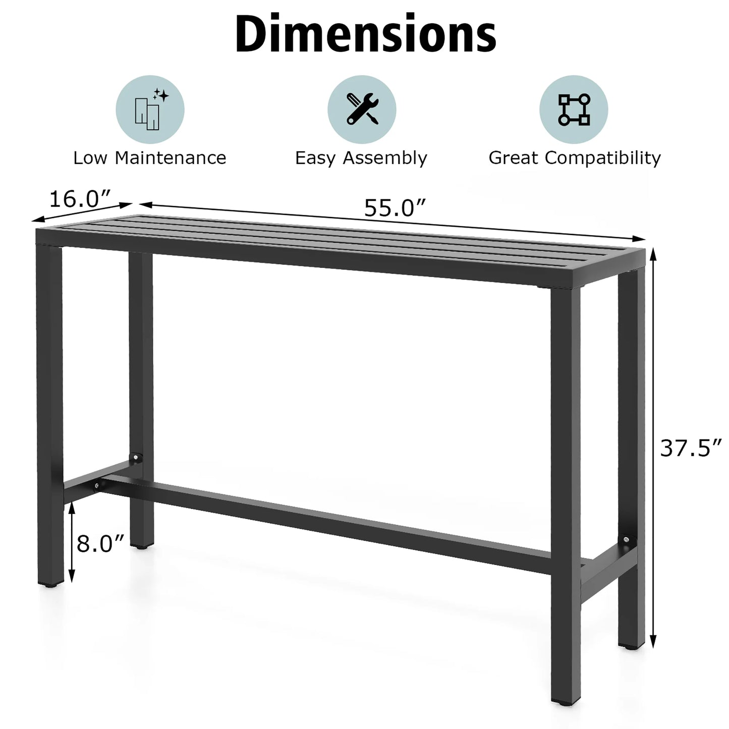 Costway Outdoor Metal Bar Table 55'' Patio Rectangular Counter Height Dining Table Black