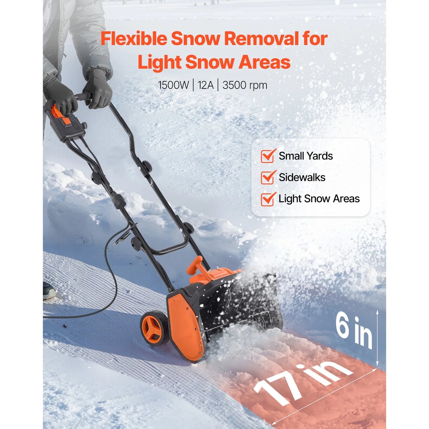 WRTHN 17 in Electric Snow Blower 12A Motor Snow Shovel, 20 ft Throw Distance, 6 in Deep, Adjustable 60? Chute, Lightweight Snow Thrower for Driveways, Sidewalks & Patios
