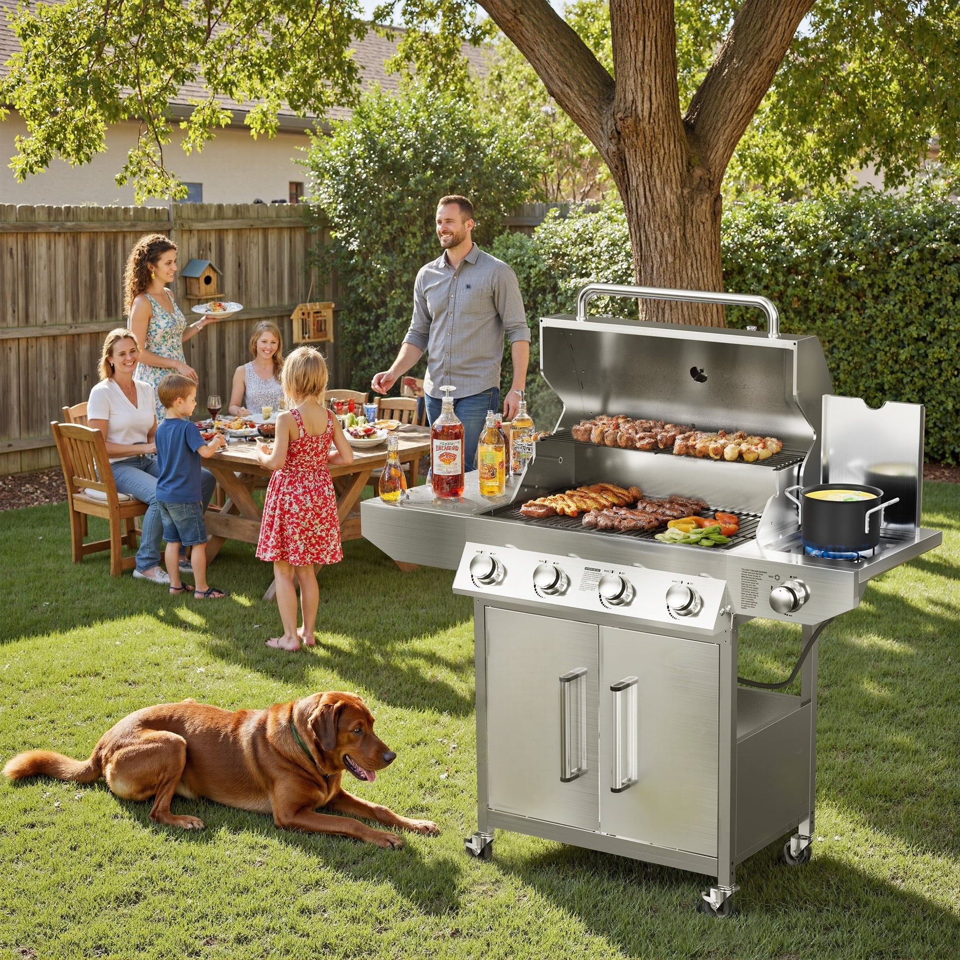 SKOK 4 Burner Propane Gas BBQ Grill with Side Burner, 58000 BTU Output for Outdoor Cooking Kitchen and Patio Backyard Barbecue