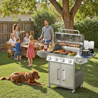 SKOK 4 Burner Propane Gas BBQ Grill with Side Burner, 58000 BTU Output for Outdoor Cooking Kitchen and Patio Backyard Barbecue