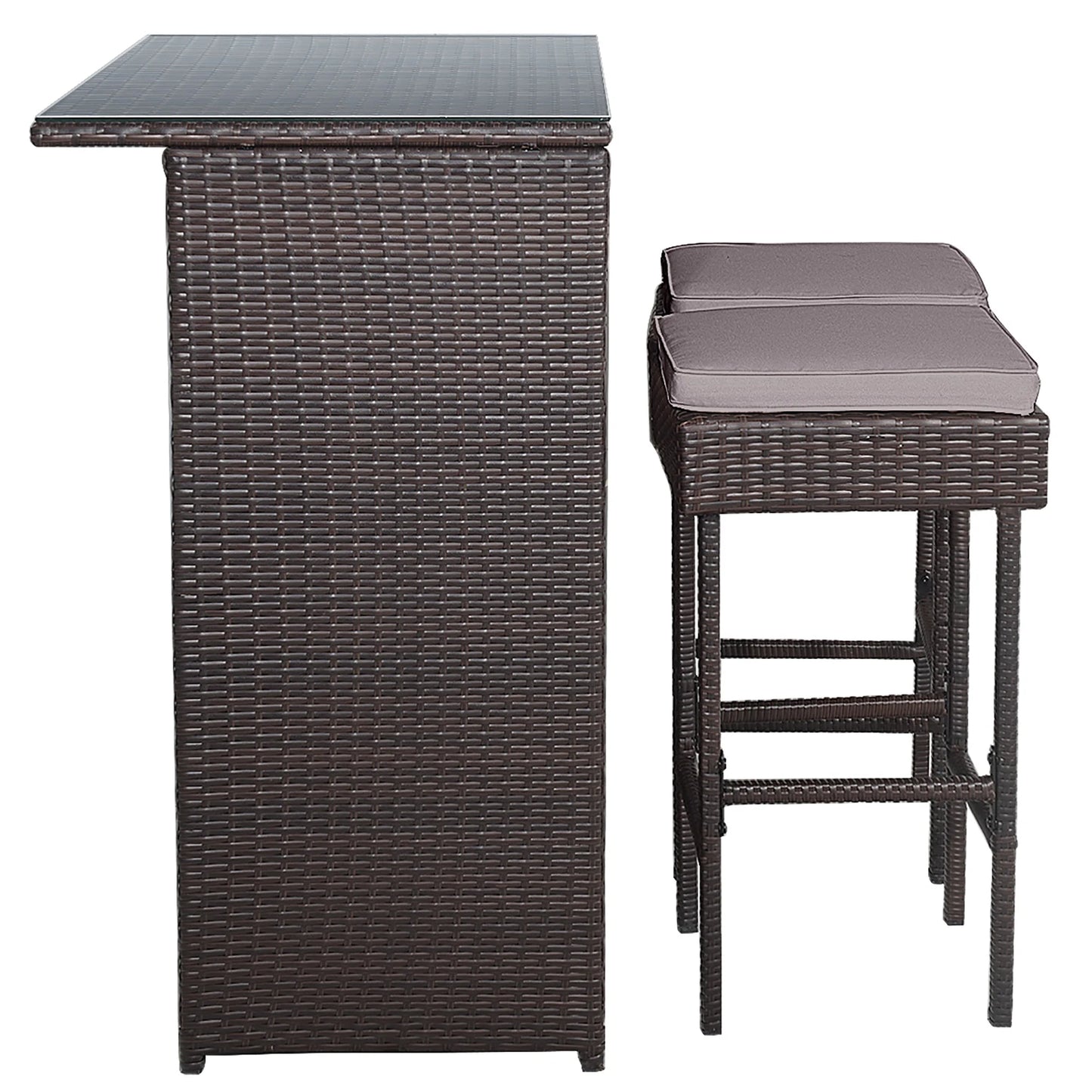 Costway Patio 3PCS Rattan Bar Table Stool Set Cushioned Chairs with Gray & Off white Cover