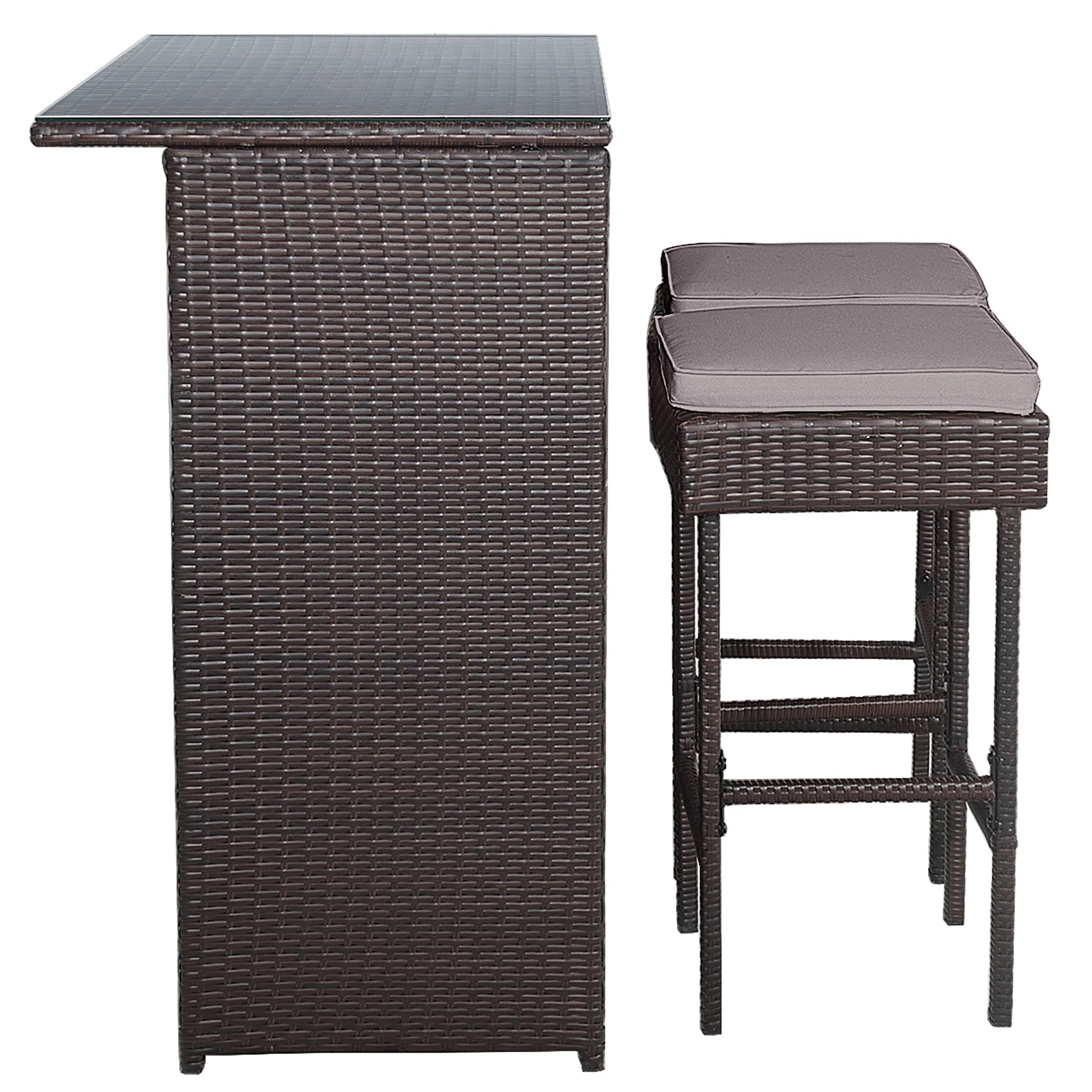 Costway Patio 3PCS Rattan Bar Table Stool Set Cushioned Chairs with Gray & Off white Cover