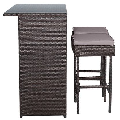 Costway Patio 3PCS Rattan Bar Table Stool Set Cushioned Chairs with Gray & Off white Cover
