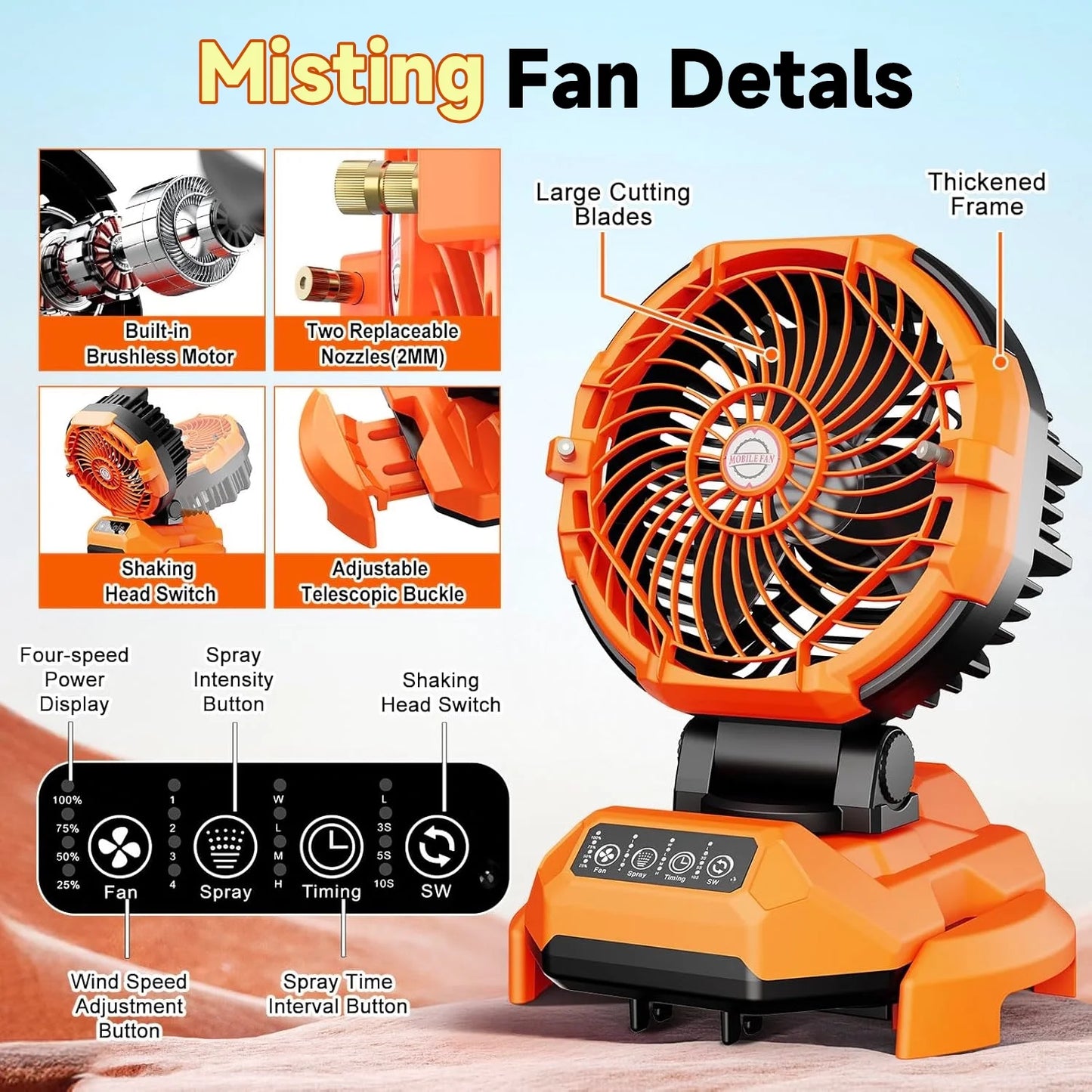 Portable Misting Fan - 30000mAh Battery Powered, 4-Speed Cooling Fan with Adjustable Spray, 120? Oscillation for Camping, Patio, Adjustable Base for 10-13in Water Tank(No Bucket Included)