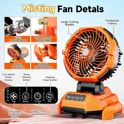Portable Misting Fan - 30000mAh Battery Powered, 4-Speed Cooling Fan with Adjustable Spray, 120? Oscillation for Camping, Patio, Adjustable Base for 10-13in Water Tank(No Bucket Included)
