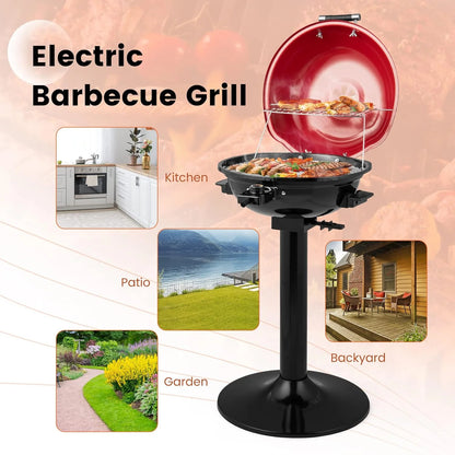 HAPPYGRILL 1600W Electric Grill Outdoor, Portable BBQ Grill with Warming Tray, Removable Non-Stick Grill Rack, Adjustable Temperature& Oil Drip Tray for Patio, Camping, Picnic,Red