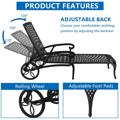 Zimtown Cast Aluminum Lounge Chair Adjustable Patio Recliner, Patio Chaise Chair, Heavy Duty Lying Bed for Garden, Poolside, Yard, Lawn, Black