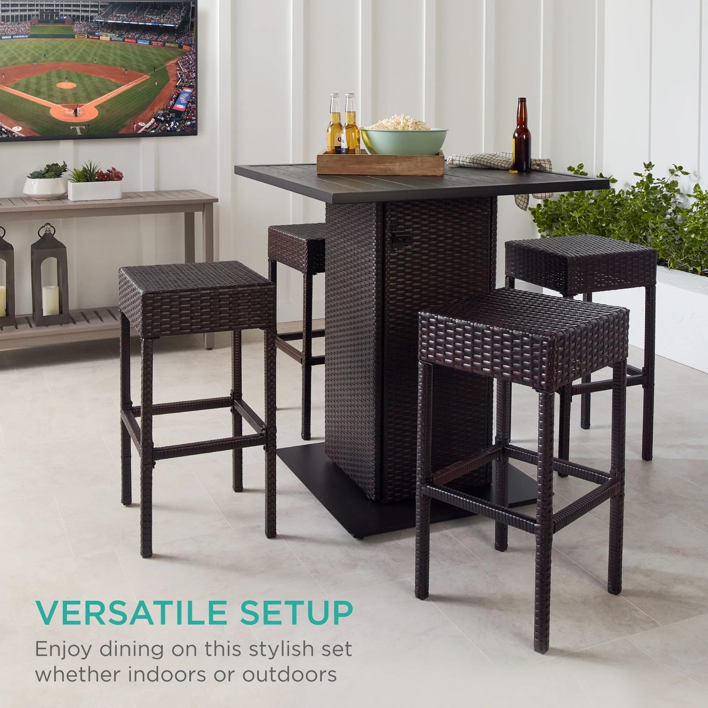 Best Choice Products 5-Piece Patio Wicker Bar Set w/Built-In Bottle Opener, Hidden Storage Shelf, 4 Stools - Brown