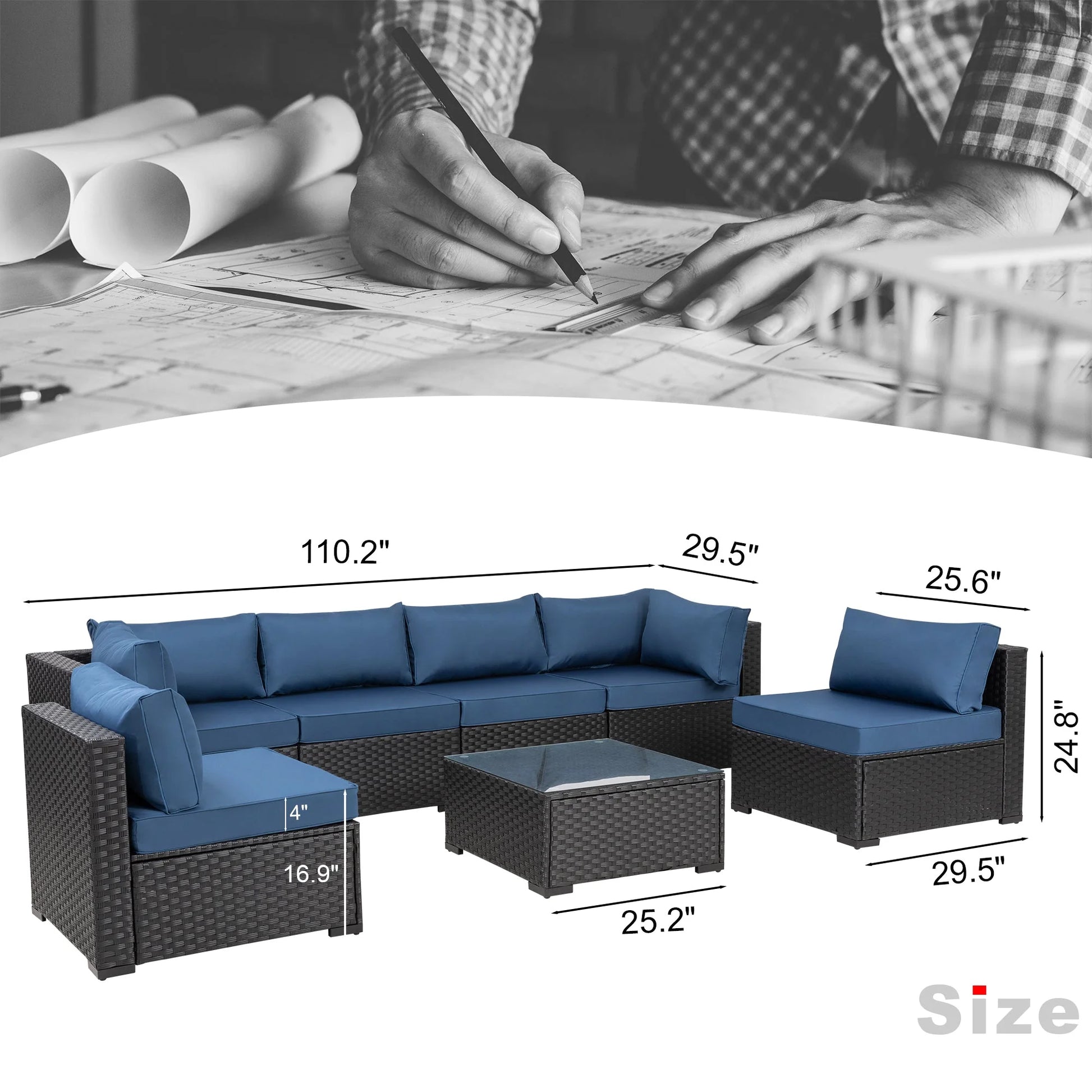 Walsunny 7 Pieces Outdoor Sectional Sofa Furniture Sets, All-Weather Black Wicker Patio Furniture Sets with Tea Table and Washable Couch Cushions Aegean Blue