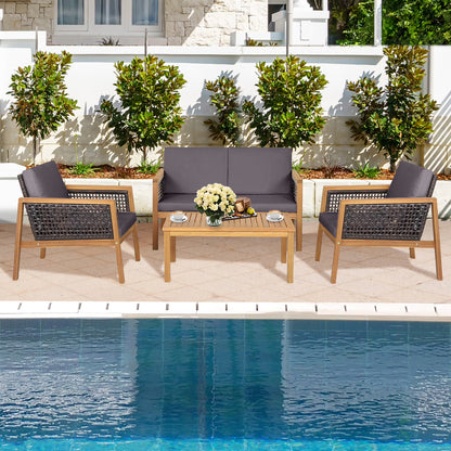 Costway 4PCS Patio Rattan Furniture Set Acacia Wood Cushioned Sofa Turquoise
