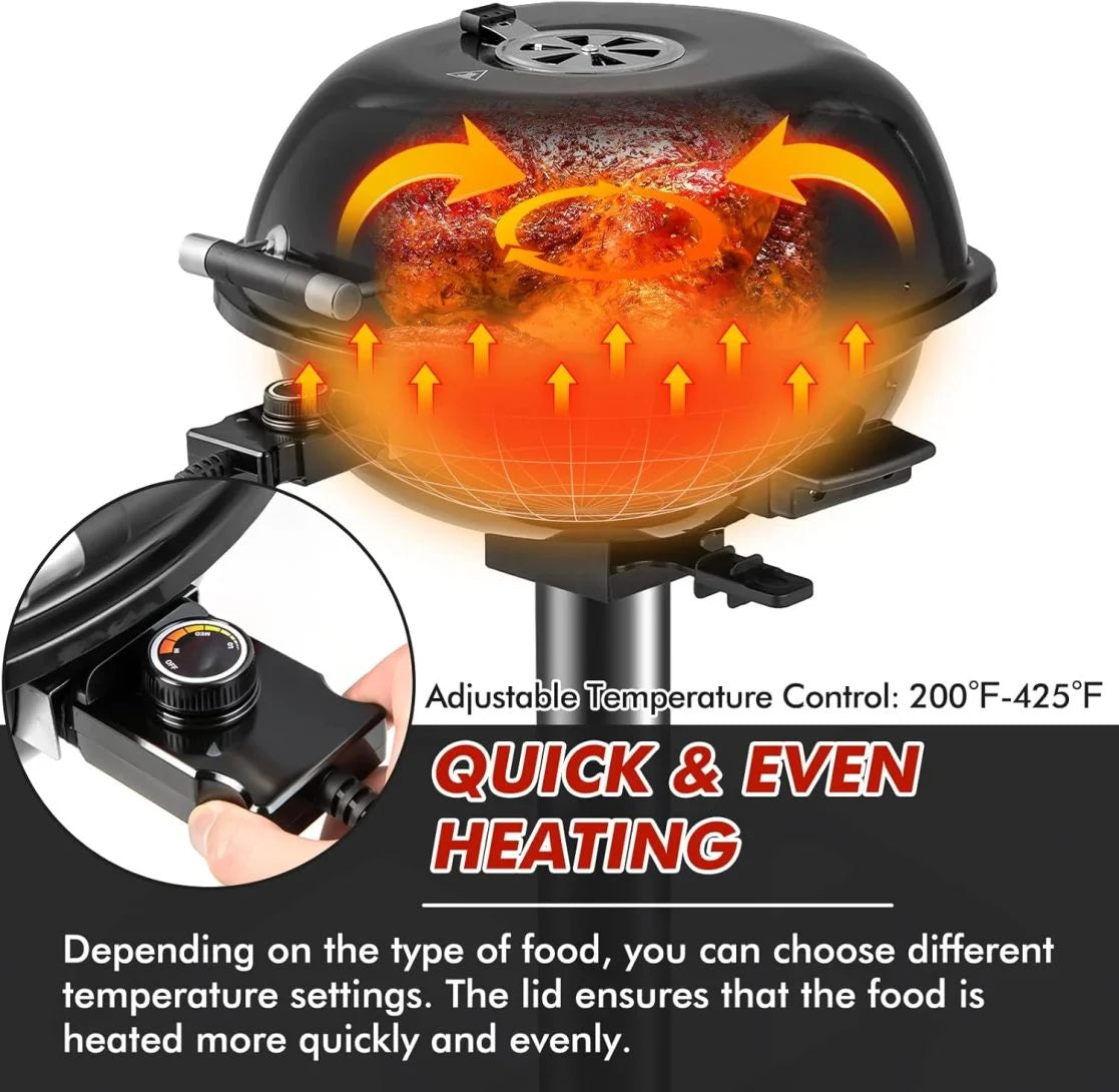 ZZJP 1600W Portable Electric Grill Outdoor BBQ Grill for 15-Serving, Electric Barbecue Grill for Indoor & Outdoor Use, Portable Stand BBQ Grill for Patio Balcony Kitchen Garden (Black)