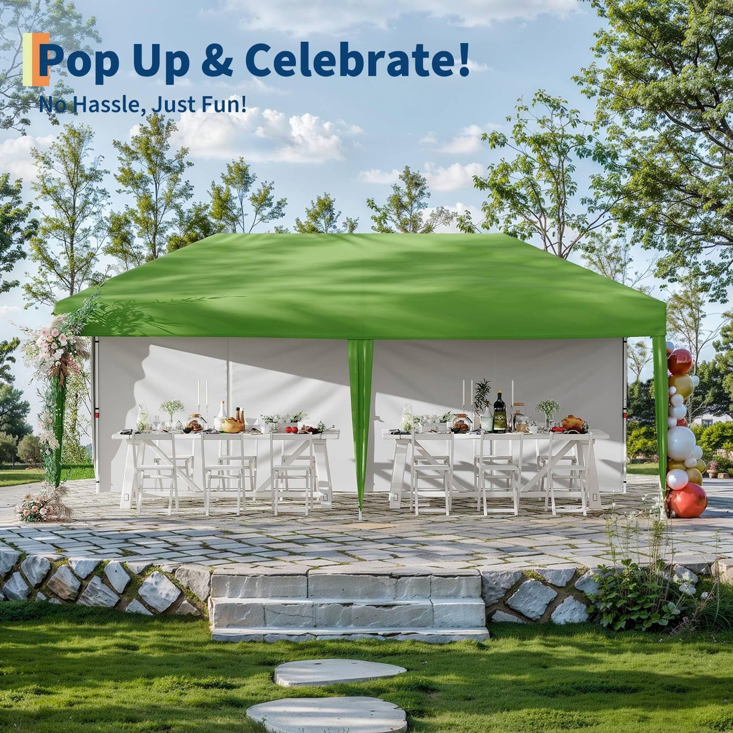 Riedhoff 10'x 20' Pop-up Canopy Tent with 2 Sidewalls,12 Stakes & 6 Sandbags,for Patio,Party,Green