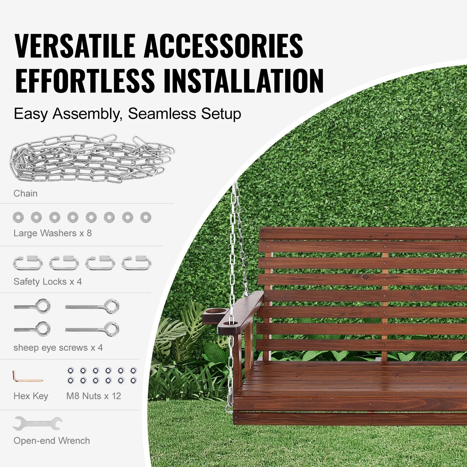 KFFKFF Outdoor Swing Bench 5.5 ft, Garden and Patio Wooden Swing, Enhanced 880 lbs Capacity, Durable Hanging Chair with Chains for Outside Use, Brown