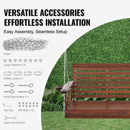 KFFKFF Outdoor Swing Bench 5.5 ft, Garden and Patio Wooden Swing, Enhanced 880 lbs Capacity, Durable Hanging Chair with Chains for Outside Use, Brown