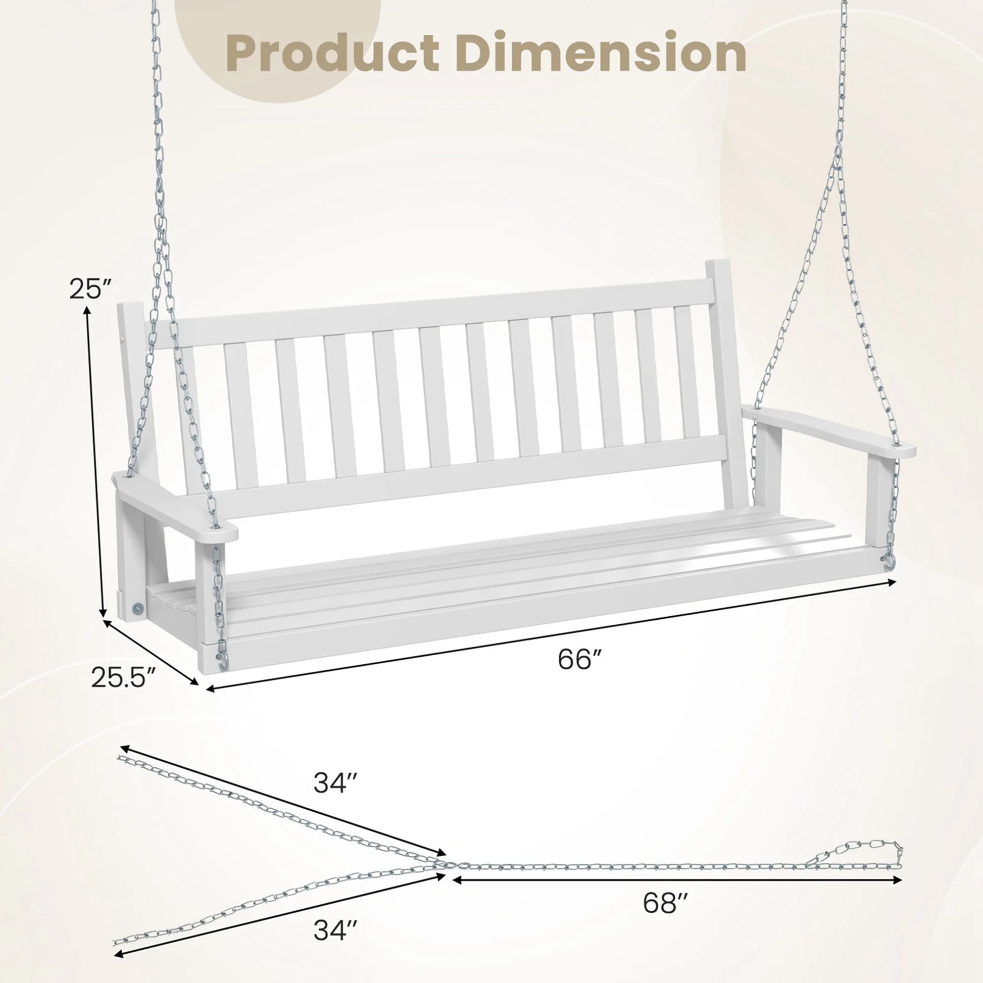 Costway 3-Person Wooden Outdoor Porch Swing Heavy Duty Patio Hanging Bench Chair White
