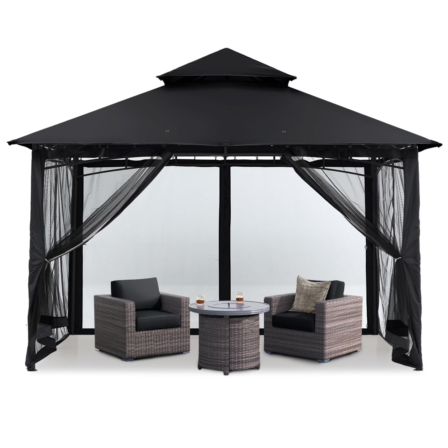 MASTERCANOPY 9' x 9' Outdoor Patio Gazebo Double Roof Steel Frame with Mesh Walls, Black