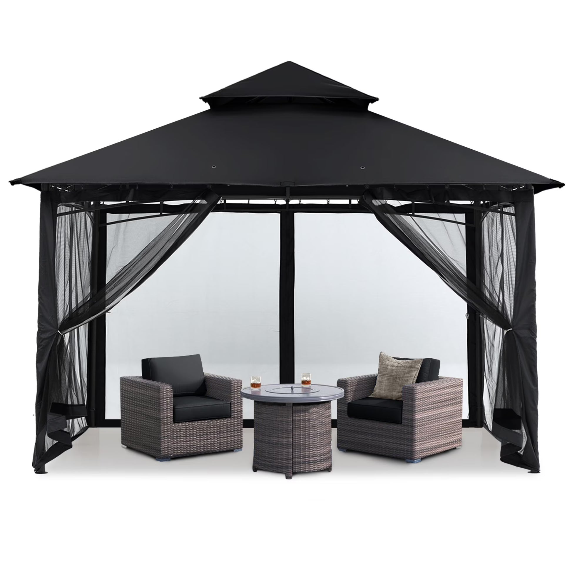 MASTERCANOPY 9' x 9' Outdoor Patio Gazebo Double Roof Steel Frame with Mesh Walls, Black