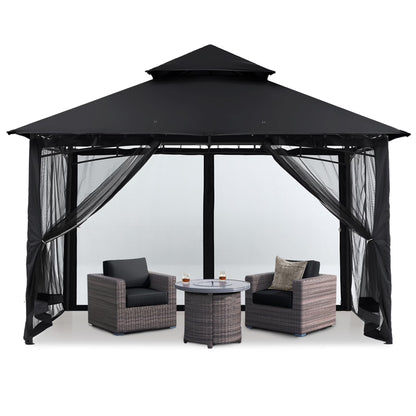 MASTERCANOPY 9' x 9' Outdoor Patio Gazebo Double Roof Steel Frame with Mesh Walls, Black