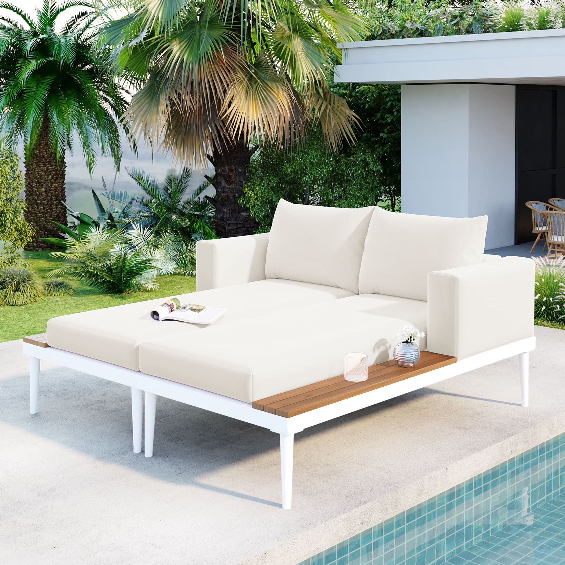 Harper & Bright Designs Patio Outdoor Metal Daybed for 2, All Weather Outdoor Chaise Lounges Reclining Chairs with Wood Topped Side Spaces for Drinks for Poolside Balcony Deck, Gray