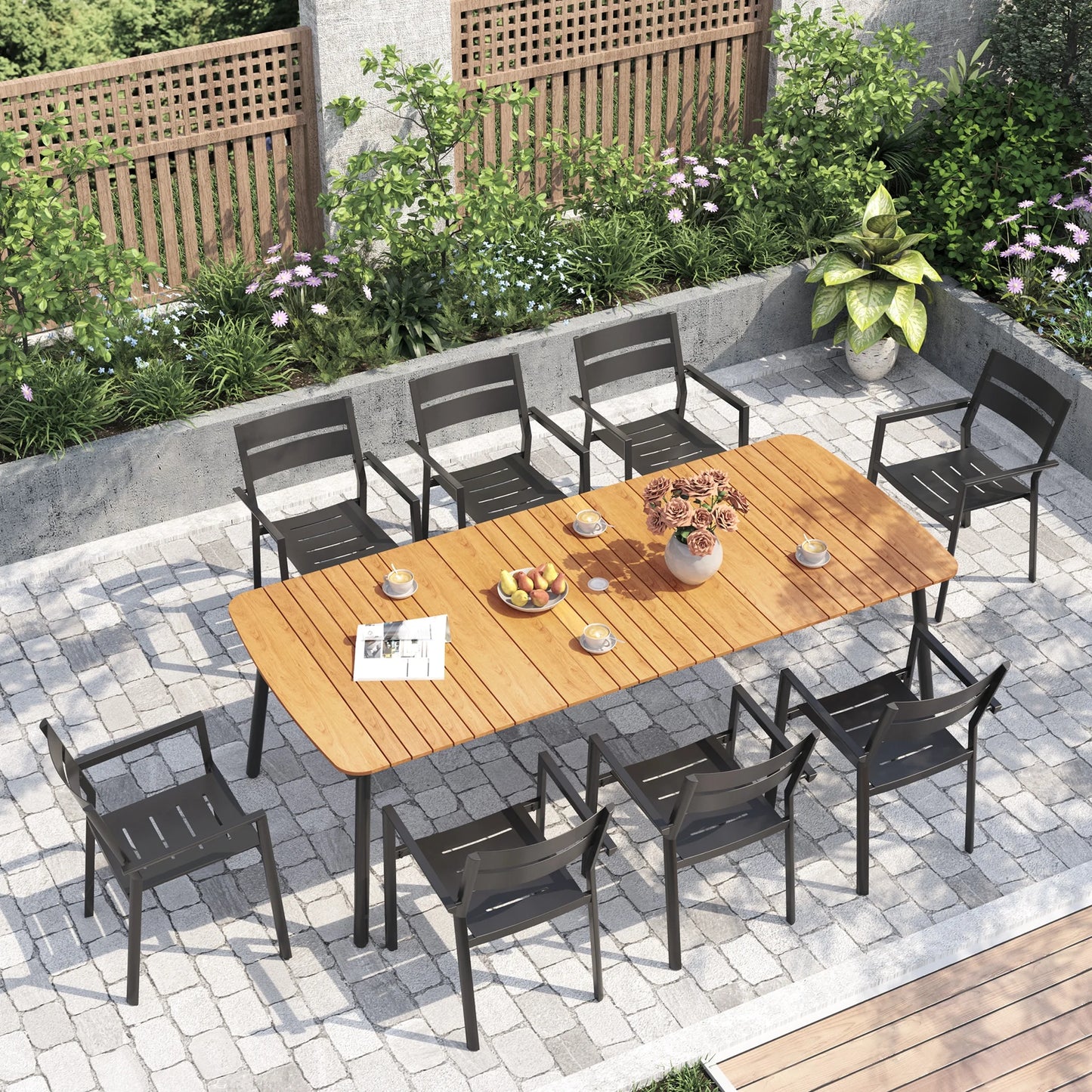 Pellebant 93" Outdoor Dining Table for 8–10 People, Patio Rectangle Table with Wood-Like Tabletop and Umbrella Hole, Aluminum Frame for Garden, Lawn, or Backyard, Brown