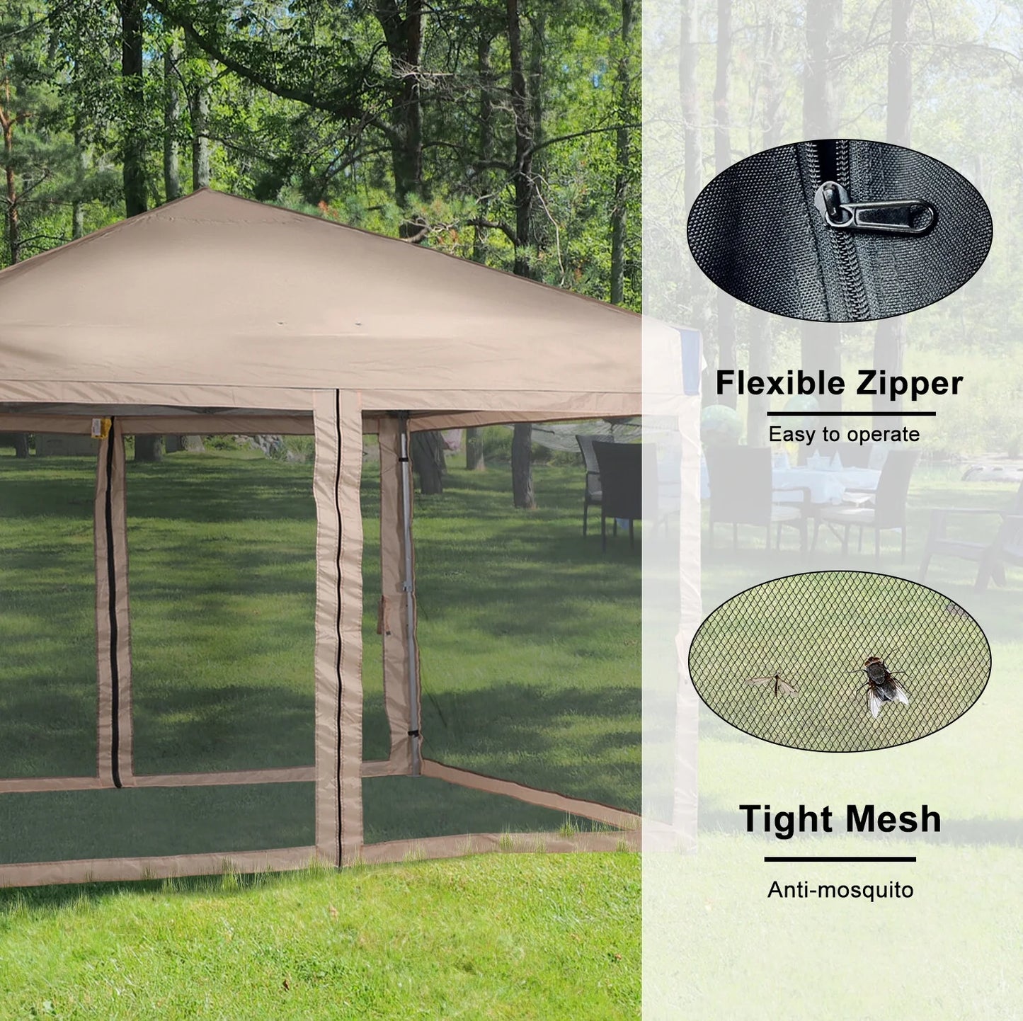 YUONAO 10x10 ft Pop Up Canopy Tent with Mesh Sidewalls, Portable Outdoor Shade Tent, Waterproof UV-Resistant Folding Gazebo for Backyard, Patio, Camping, Party(Beige)