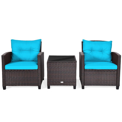 Patiojoy 3 Pieces Wicker Cushioned Conversation Set Outdoor Rattan Furniture with Turquoise Cushions