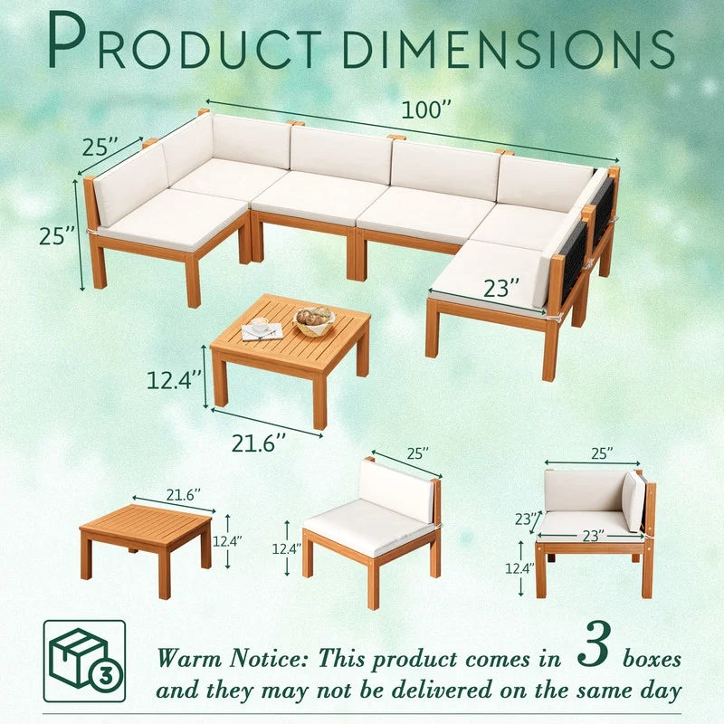 Devoko 7 pieces Patio Acacia Wood Sectional Sofa with CushionsOutdoor Furniture Set for Porch, Yard and Balcony
