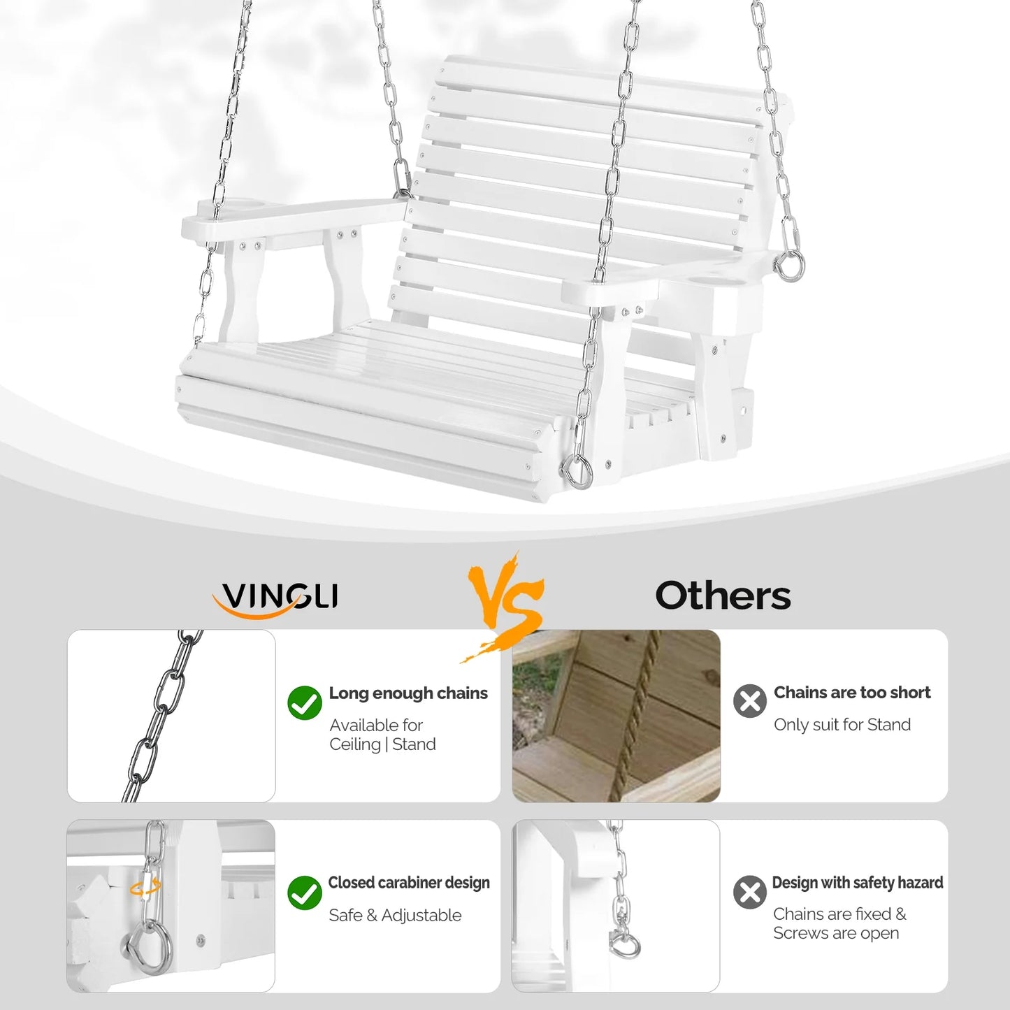 VINGLI XL 440 lbs Single Person Patio Porch Swing with Cup Holder & Adjustable Chains for Outdoors (Extra Large, White)