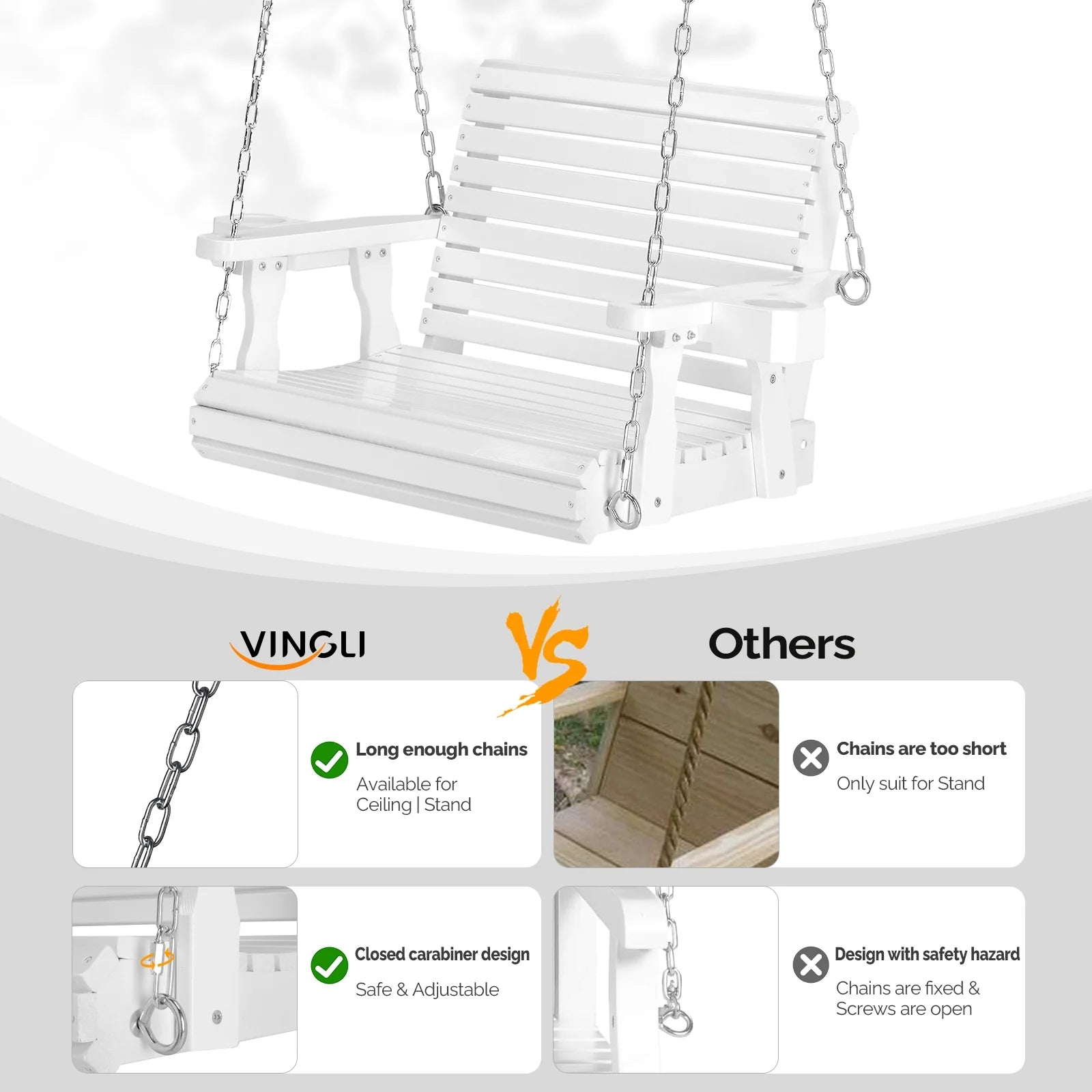 VINGLI XL 440 lbs Single Person Patio Porch Swing with Cup Holder & Adjustable Chains for Outdoors (Extra Large, White)