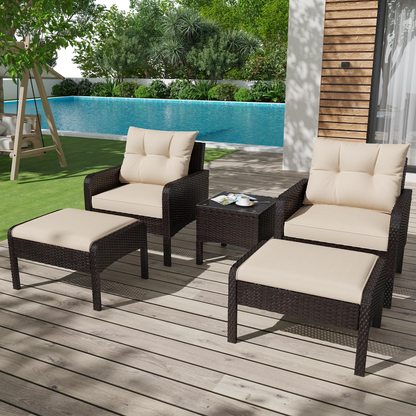 AECOJOY 5 Piece Patio Furniture Set Rattan Wicker Chair with Table Ottoman Patio Conversation Set for Porch in Beige