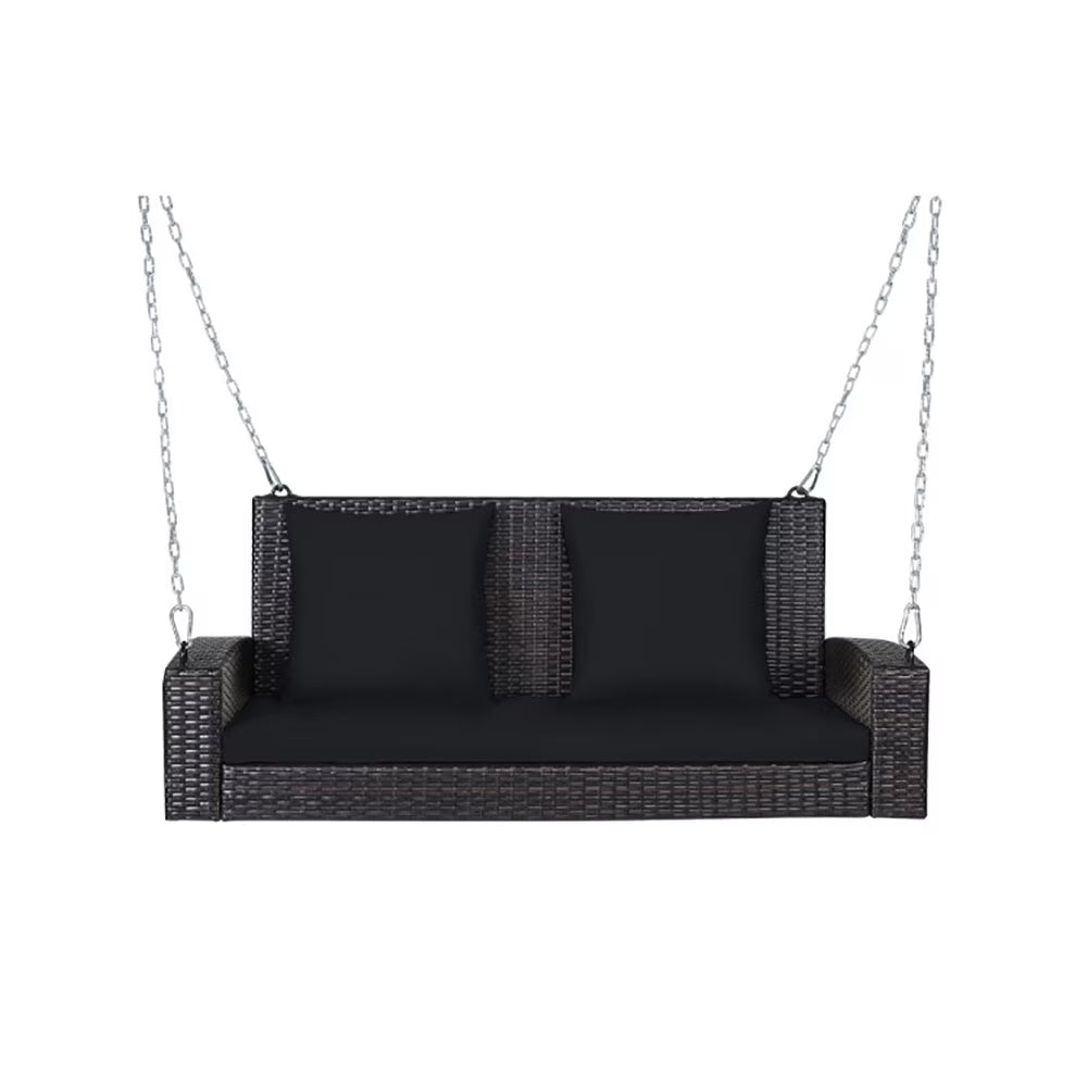 Yardi Yard 2-Person Patio Rattan Porch Swing with Cushions-Black, Porch Swing Hanging Bench, Wicker Outdoor Swing Bench with Cushion and Pillow for Patio, Yard, Garden