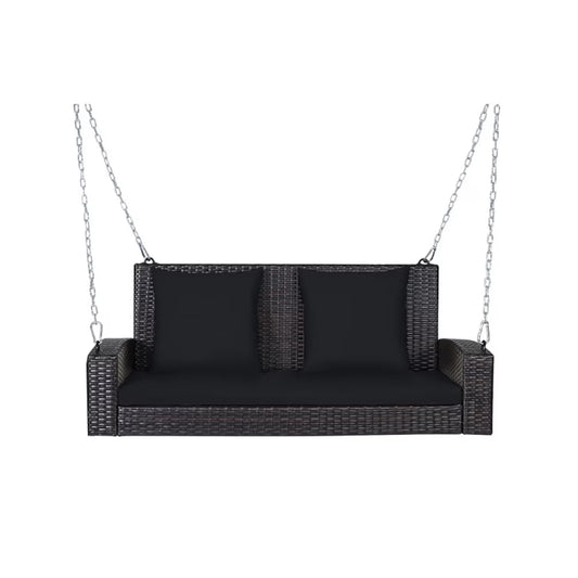 Yardi Yard 2-Person Patio Rattan Porch Swing with Cushions-Black, Porch Swing Hanging Bench, Wicker Outdoor Swing Bench with Cushion and Pillow for Patio, Yard, Garden