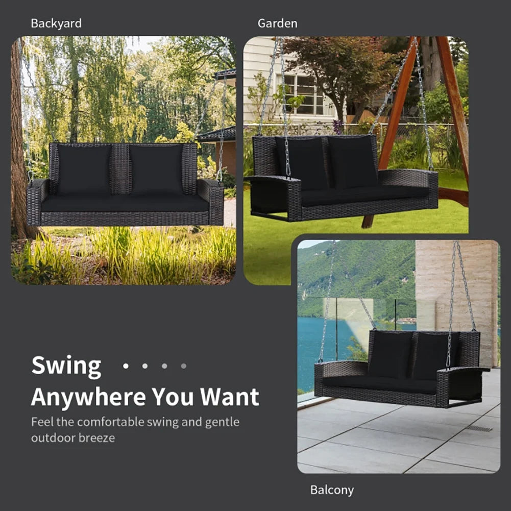 Yardi Yard 2-Person Patio Rattan Porch Swing with Cushions-Black, Porch Swing Hanging Bench, Wicker Outdoor Swing Bench with Cushion and Pillow for Patio, Yard, Garden